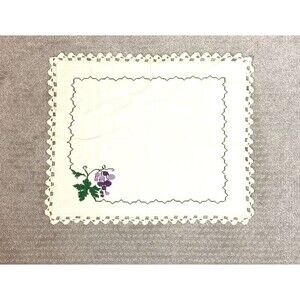 Vintage Handmade Cross-Stitch Grape Napkin with Crocheted Lace Trim 18x15